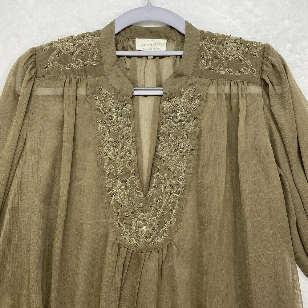Lucky Brand Top Womens Small‎ Olive Green Embroidered Beaded Sheer Boho Blouse